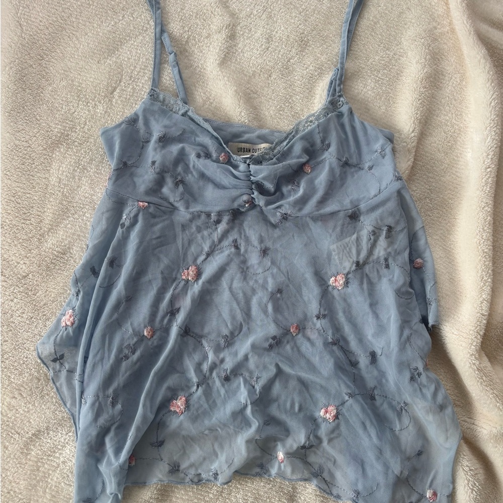 Floral Embroidered Blue Camisole Top